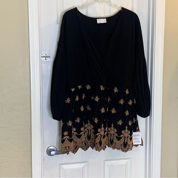 ASOS DESIGN wrap dress with gold cutwork embroidery detail in black Size 14 - Picture 4 of 12